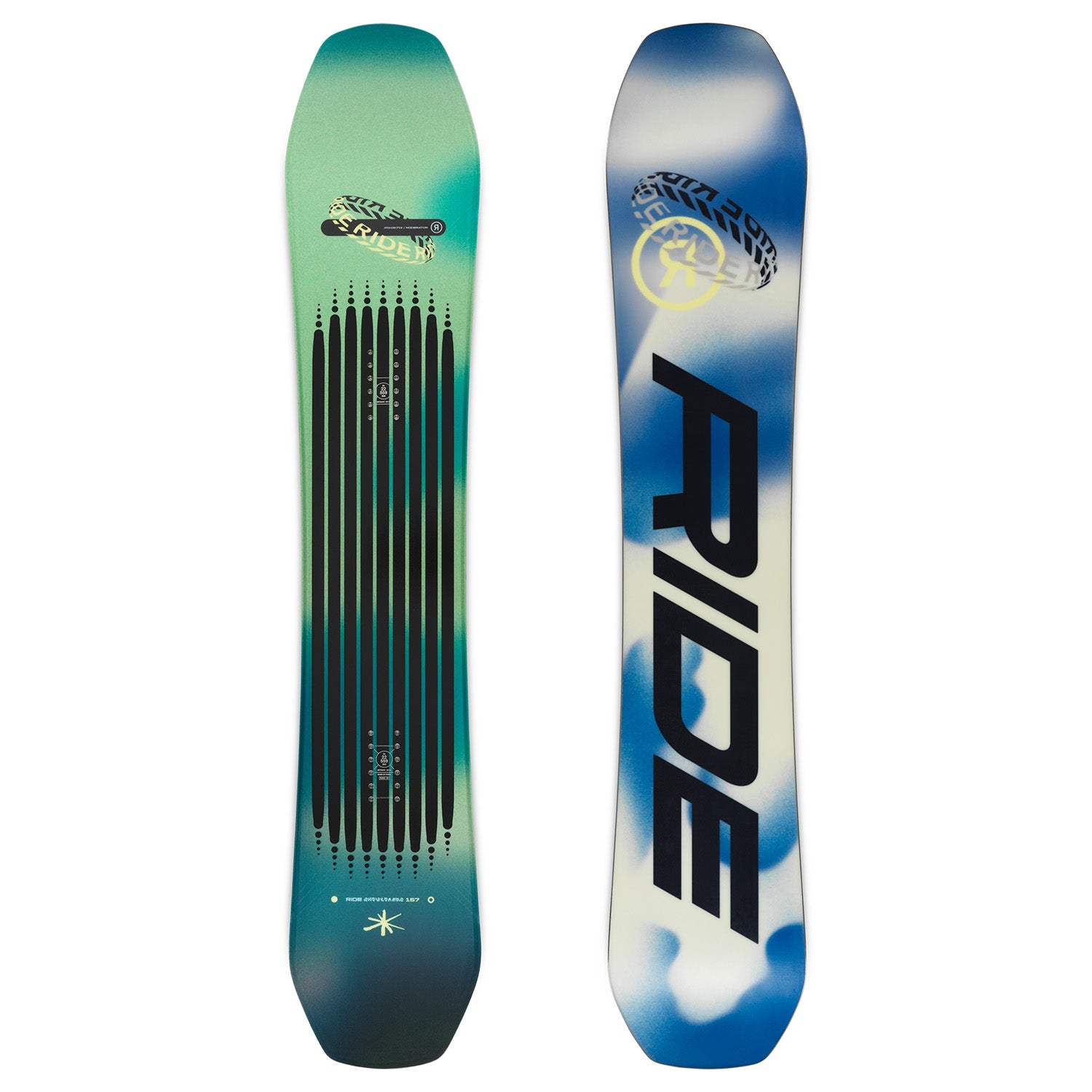 ride 64 snowboard technologiea Burnout 2026 152 and Paulownia wood to provide the perfect balance of strong and light while Carbon Array 5 provides extra pop without adding stiffness Ride Moderator Snowboard - 2026