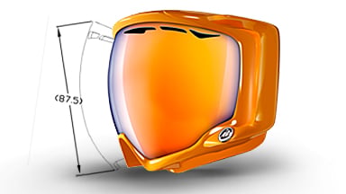 Custom-designed spherical lens shape for maximum field of vision and pantoscopic angle