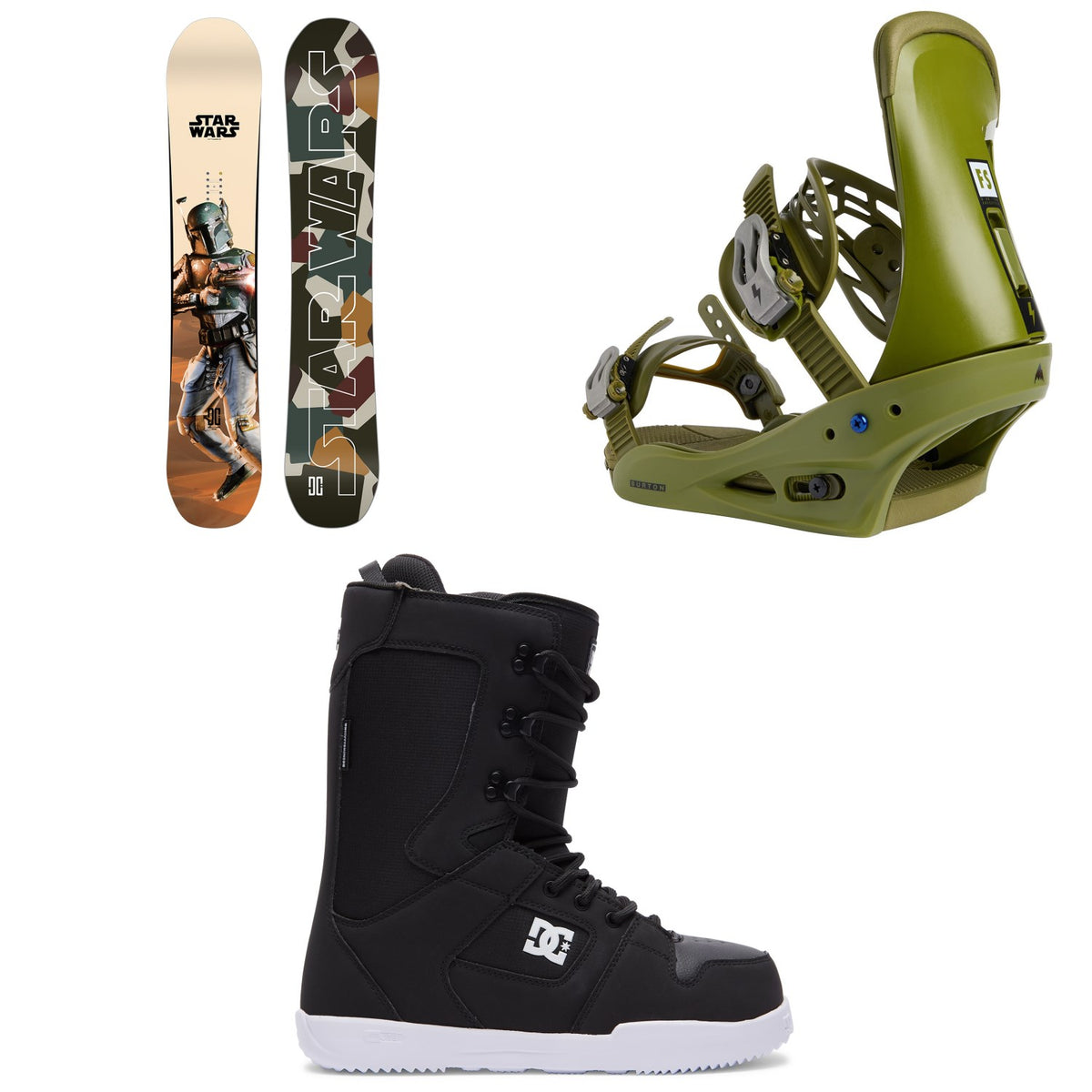 DC Star Wars Boba Fett Ply Snowboard + Burton Freestyle Snowboard Bindings + DC Phase Snowboard Boots 2023