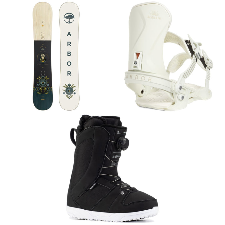 Arbor Cadence Rocker Snowboard + Arbor Sequoia LTD Snowboard Bindings + Ride Sage Snowboard Boots - Women's 2023