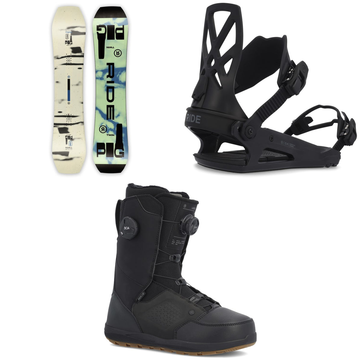 Ride Twinpig Snowboard +  C-4 Snowboard Bindings + Lasso Boa Snowboard Boots 2023