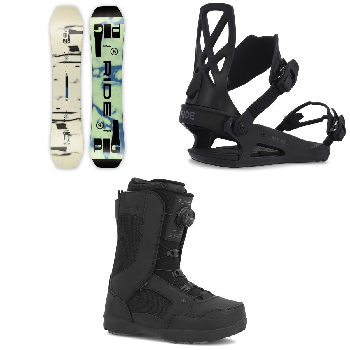 Ride Twinpig Snowboard + C-4 Snowboard  Bindings + Jackson Snowboard Boots 2023