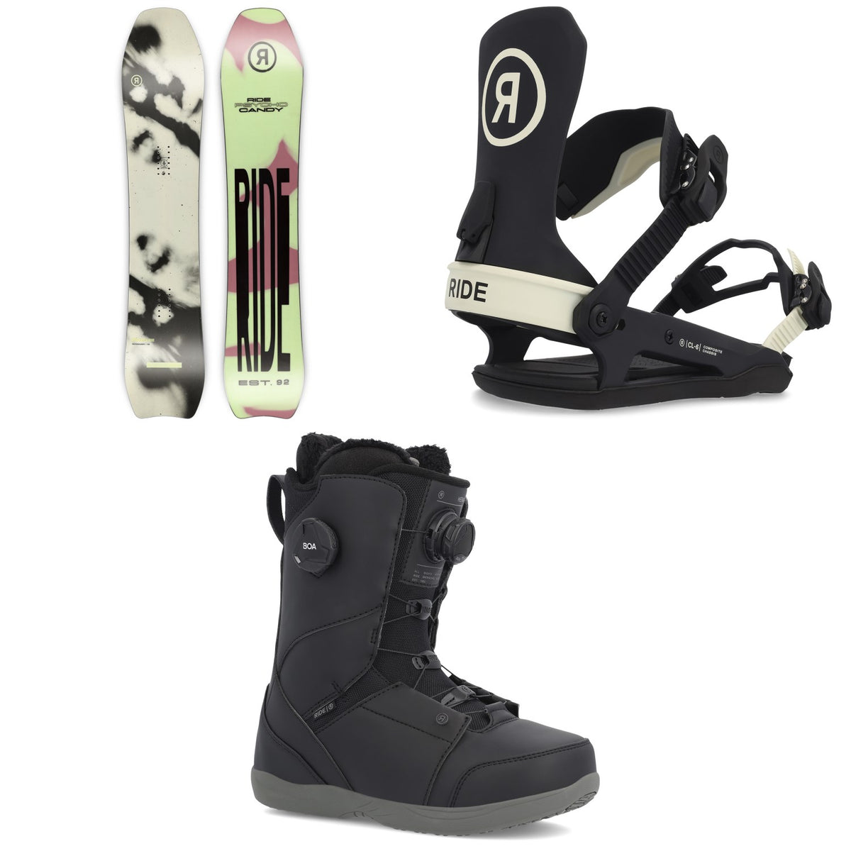 Ride Psychocandy Snowboard + CL-6 Snowboard Bindings - Women's 2023 + Hera Snowboard Boots - Women's 2023