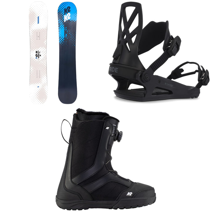 K2 Raygun Pop Snowboard + Ride C-4 Snowboard Bindings + K2 Raider Snowboard Boots 2023