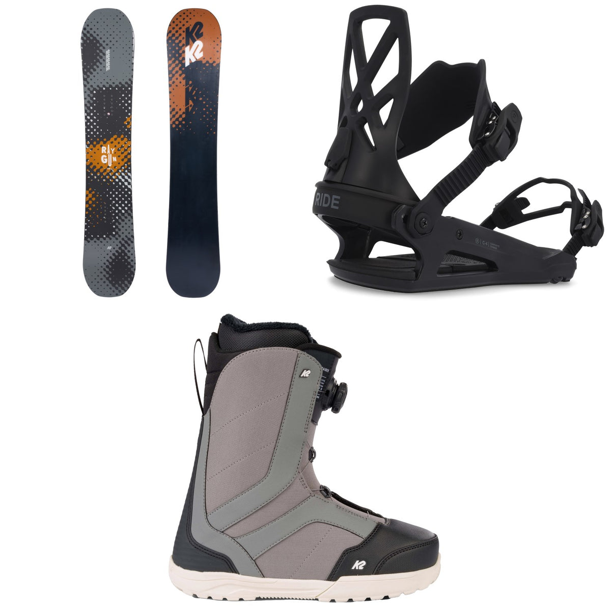 K2 Raygun Snowboard + Ride C-4 Snowboard Bindings + K2 Raider Snowboard Boots 2023