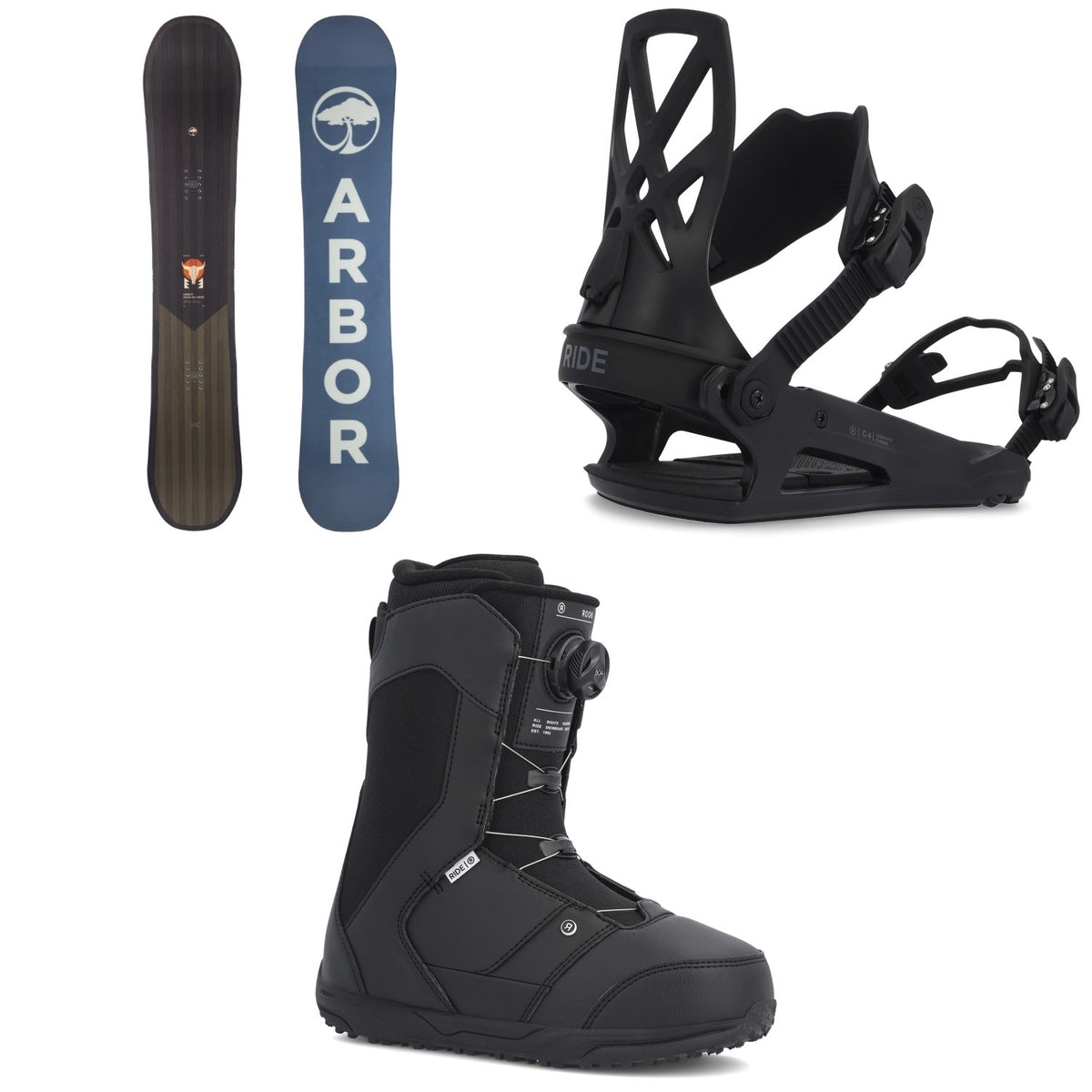 Arbor Foundation Snowboard + Ride C-4 Snowboard Bindings + Ride Rook Snowboard Boots 2023