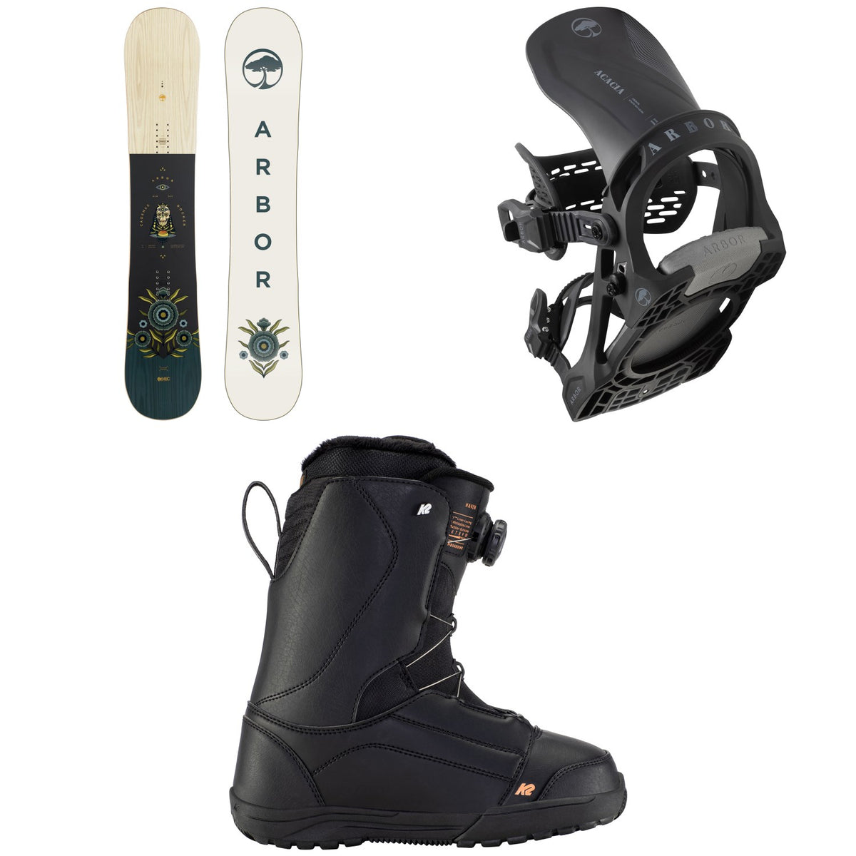 Arbor Cadence Rocker Snowboard + Acacia Snowboard Bindings + K2 Haven Snowboard Boots - Women's 2023