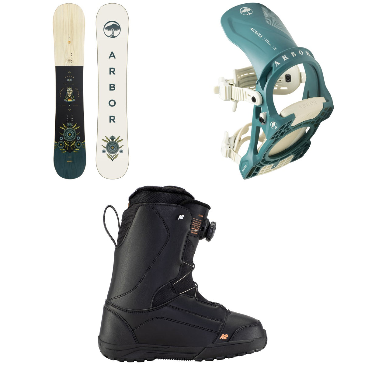 Arbor Cadence Camber Snowboard + Acacia Snowboard Bindings + K2 Haven Snowboard Boots - Women's 2023