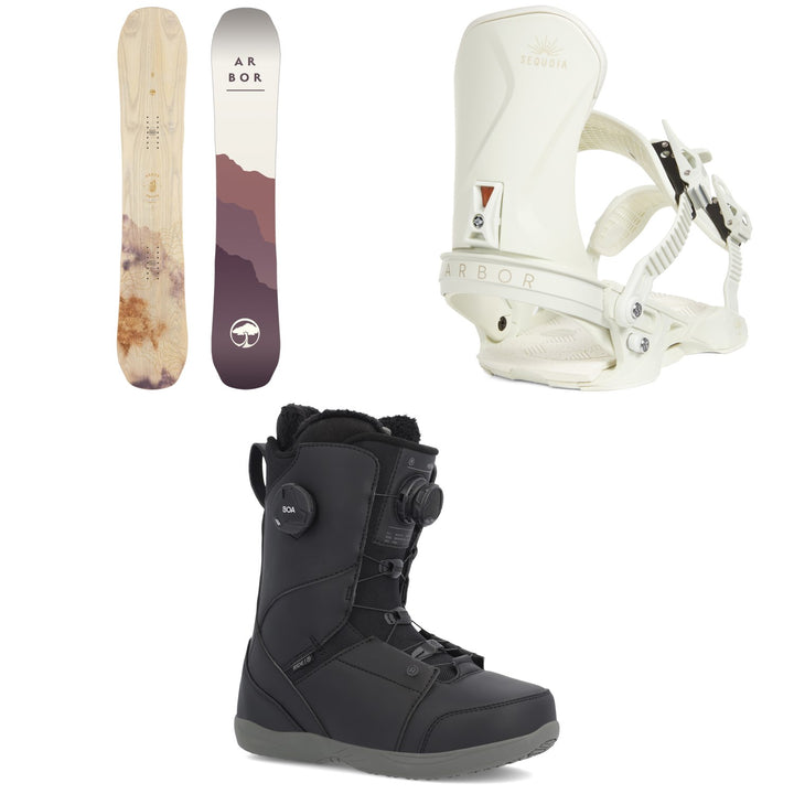 Arbor Swoon Rocker Snowboard + Sequoia LTD Snowboard Bindings + Ride Hera Snowboard Boots - Women's 2023
