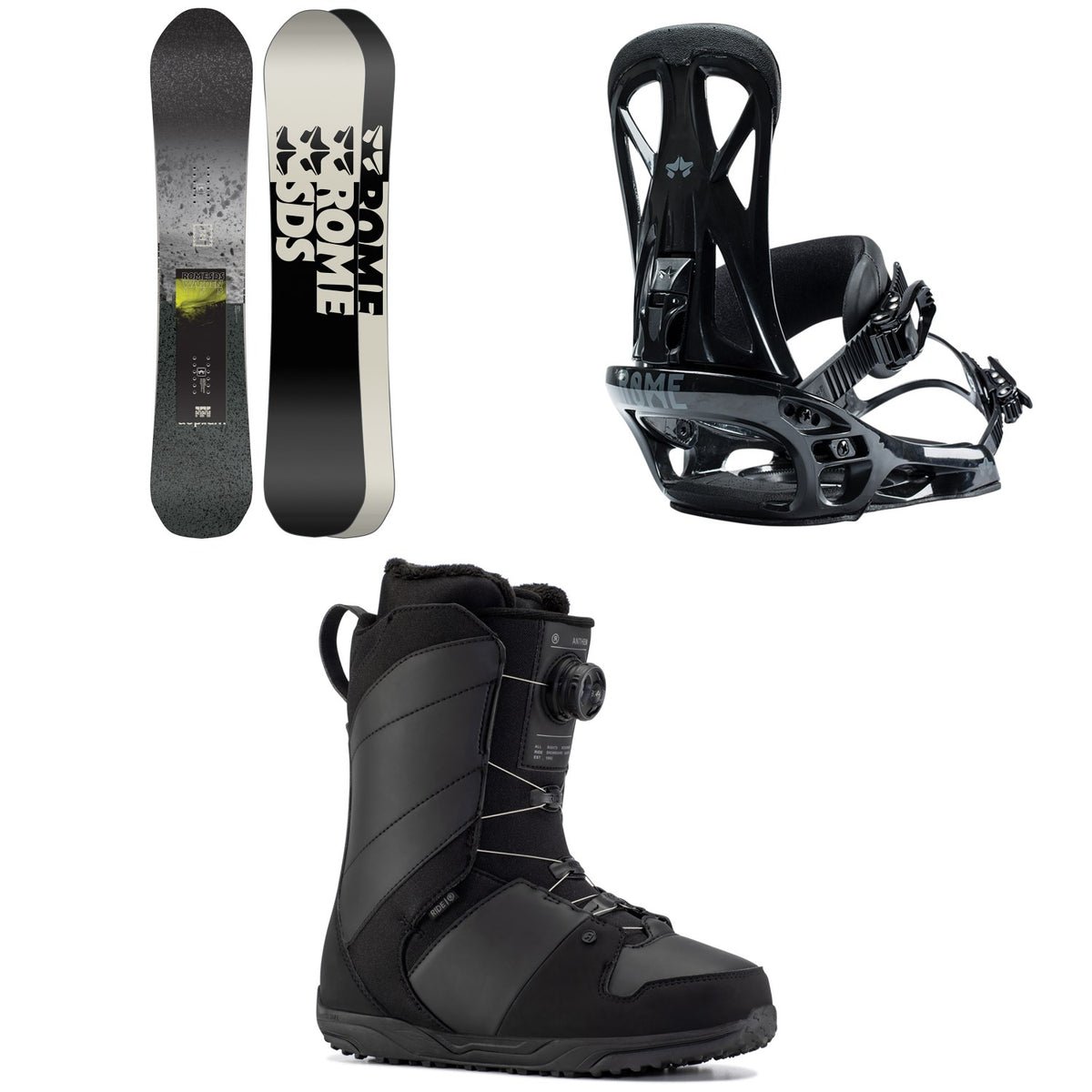 Rome Warden Snowboard + Rome United Snowboard Bindings + Ride Anthem Snowboard Boots 2023