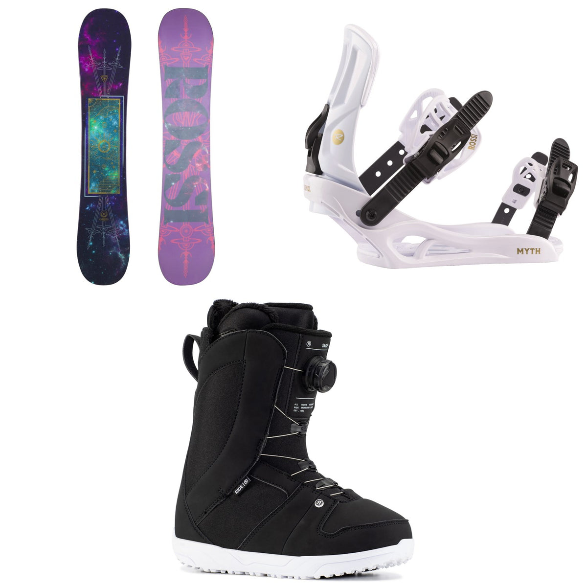 Rossignol Meraki Snowboard + Rossignol Myth Snowboard Bindings + Ride Sage Snowboard Boots - Women's 2023