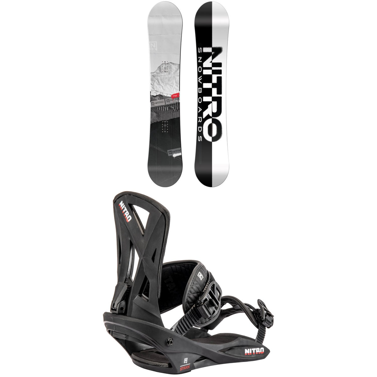 Nitro Prime Raw Snowboard + Staxx Snowboard Bindings 2025