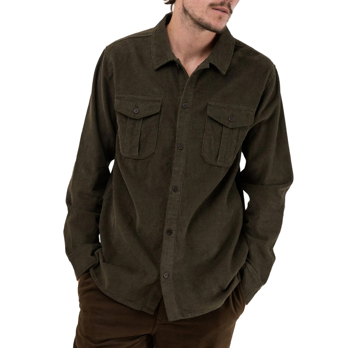 Rhythm Corduroy Long Sleeve Shirt - Men's Olive