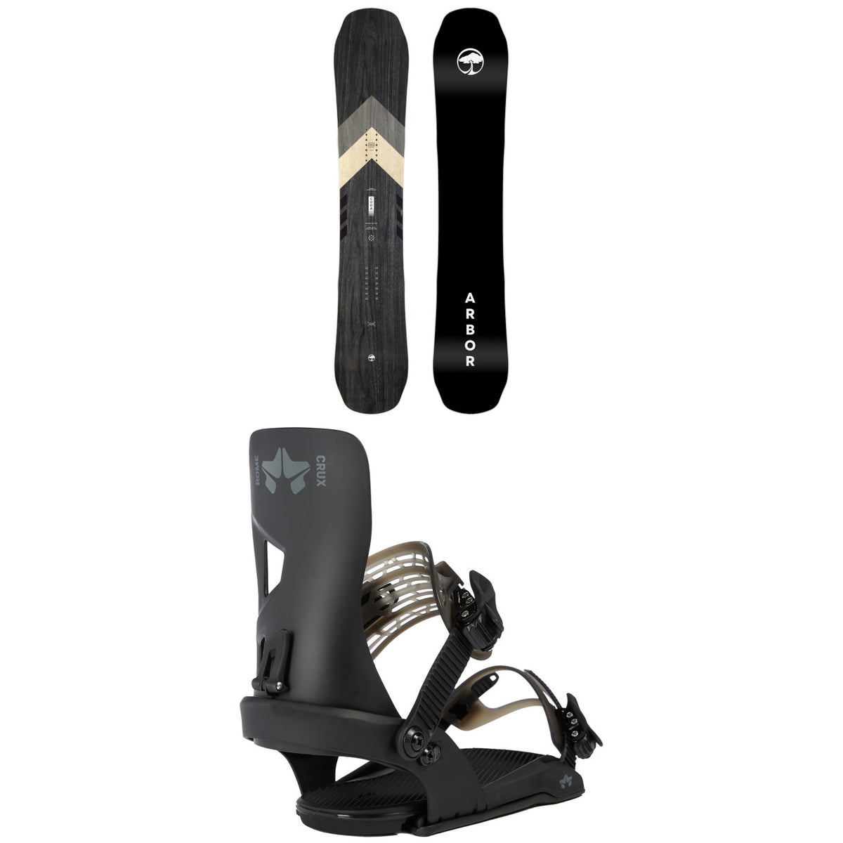 Arbor Coda Rocker Snowboard + Rome Crux SE Snowboard Bindings