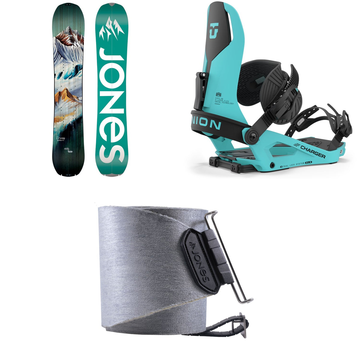 Jones Dream Weaver Splitboard + Union Charger Splitboard Bindings + Jones Nomad Quick Tension Tail Clip Splitboard Skins - Women's 2024