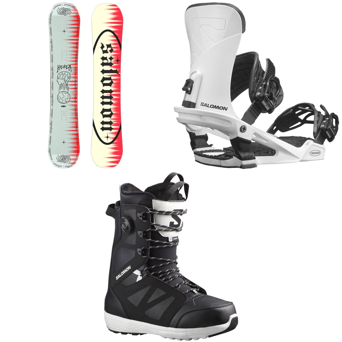Salomon Sleepwalker Snowboard + Trigger Snowboard Bindings + Launch Lace SJ Boa Snowboard Boots 2024