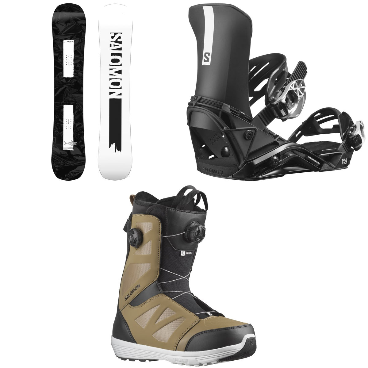Salomon Craft Snowboard + District Snowboard Bindings + Launch Boa SJ Snowboard Boots 2024