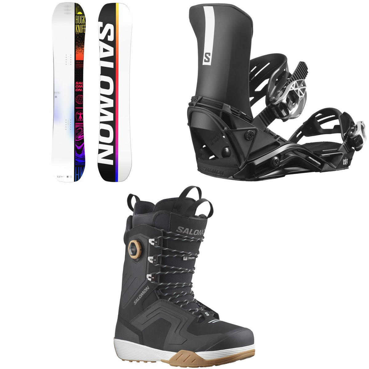 Salomon Huck Knife Snowboard + District Snowboard Bindings + Dialogue Lace SJ Boa Snowboard Boots 2024