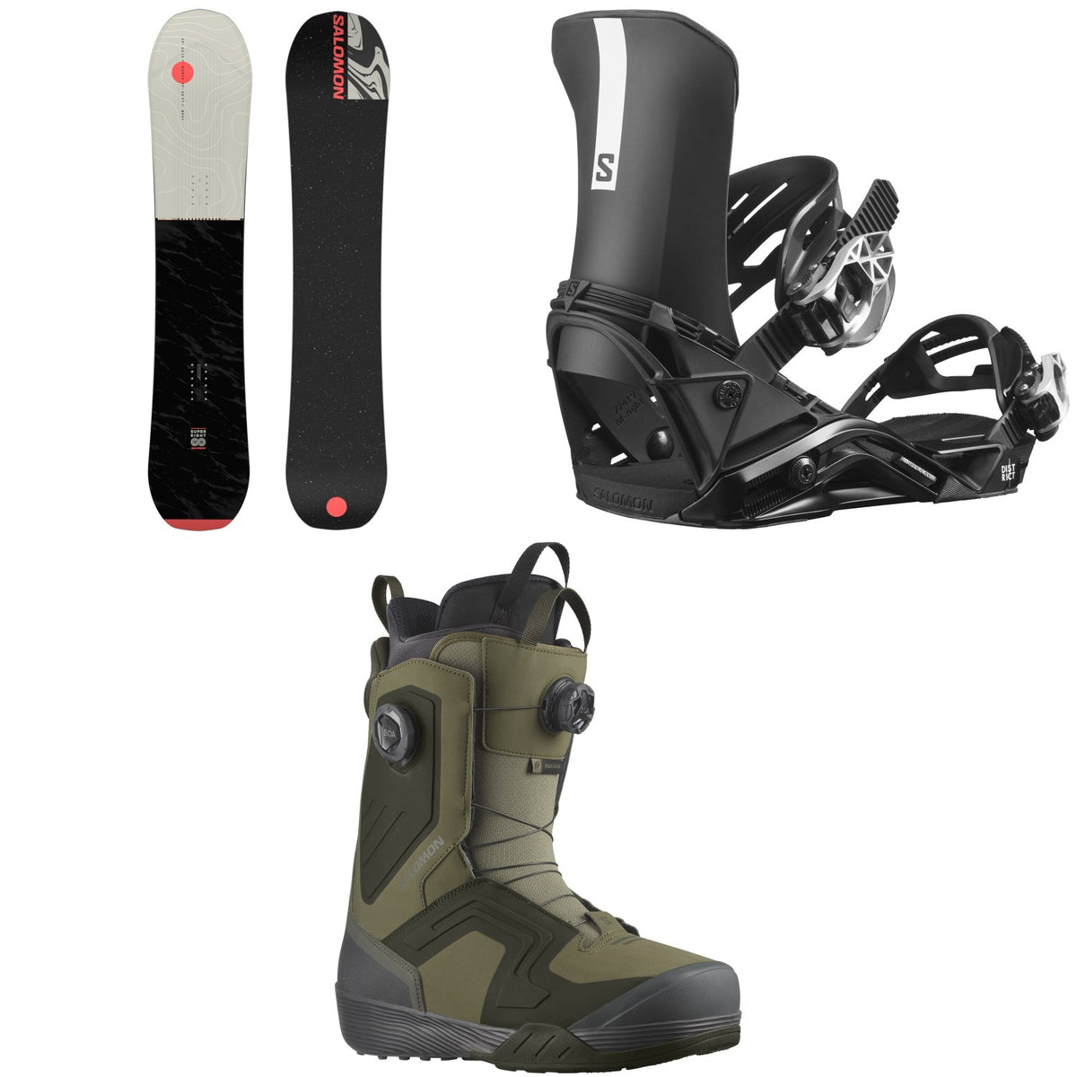 Salomon Super 8 Snowboard + District Snowboard Bindings + Dialogue Dual Boa Snowboard Boots 2024