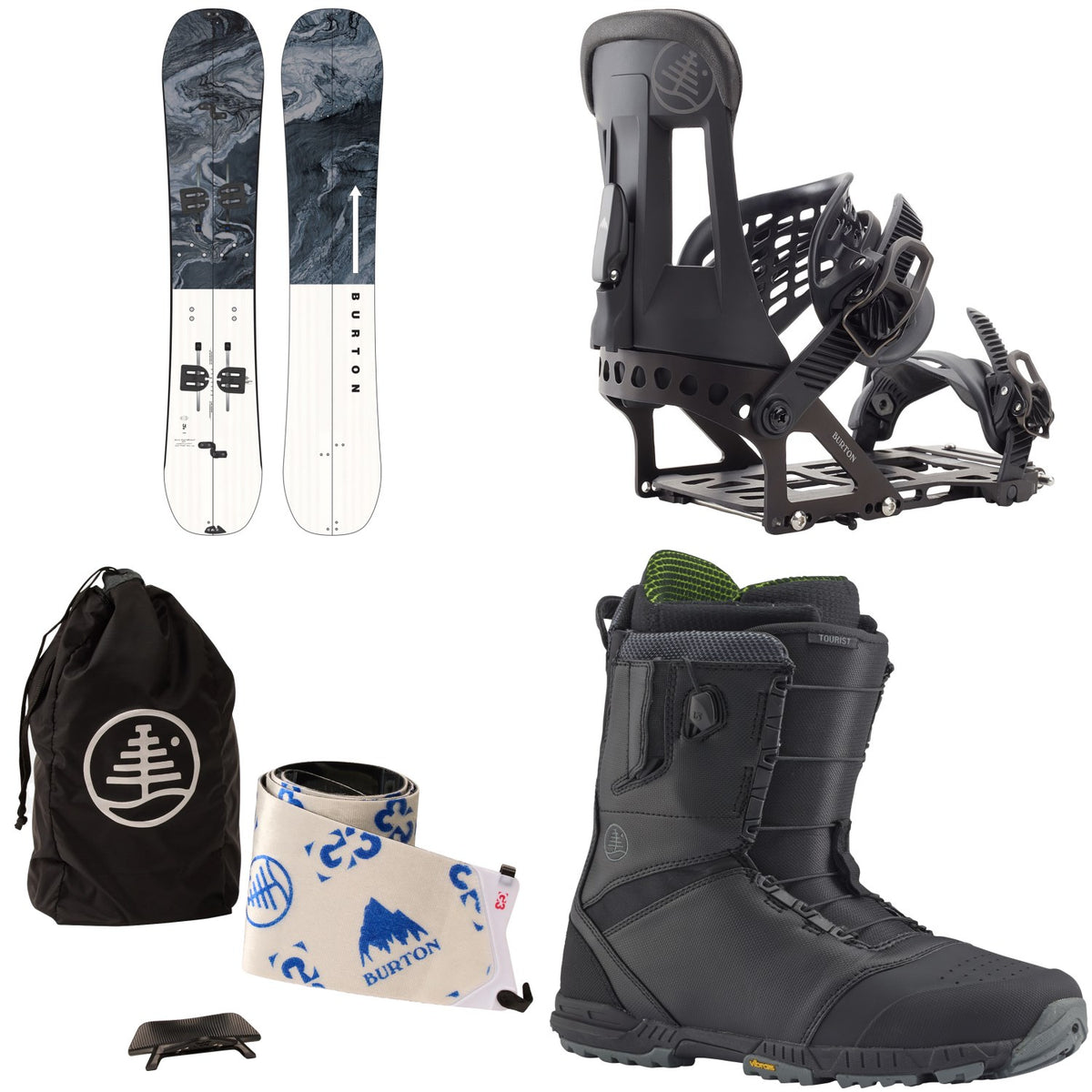 Burton Flight Attendant Splitboard + Hitchhiker Splitboard Bindings + x G3 Splitboard Skins + Tourist Snowboard Boots 2024