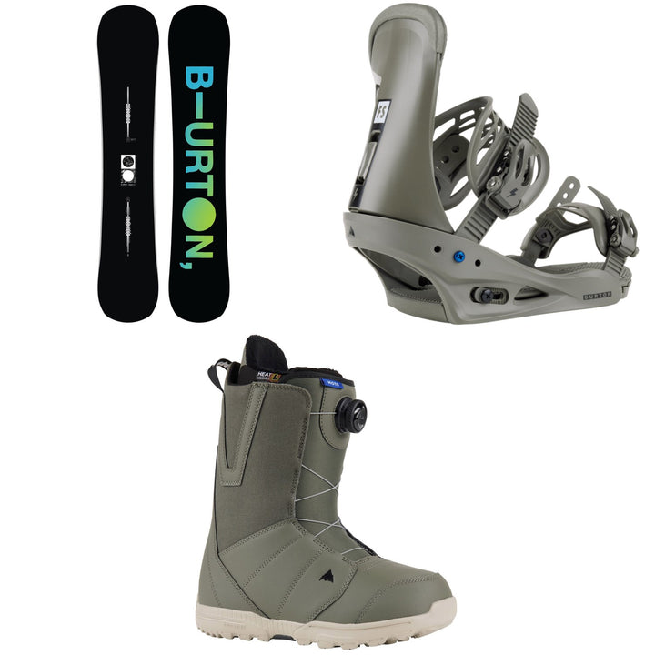 Burton Instigator Flat Top Snowboard + Freestyle Snowboard Bindings + Moto Boa Snowboard Boots 2024