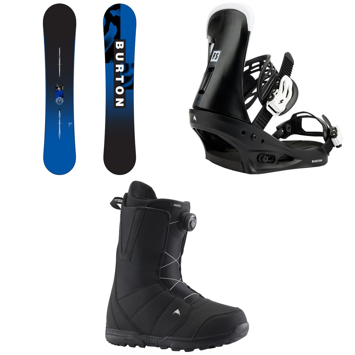 Burton Ripcord Snowboard + Freestyle Snowboard Bindings + Moto Boa Snowboard Boots 2024