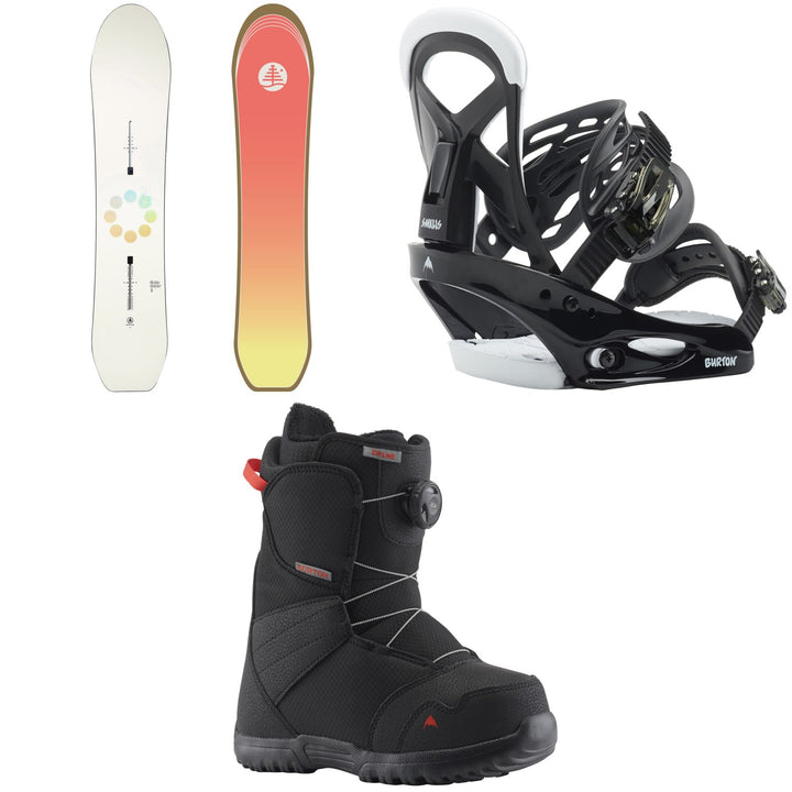 Burton Family Tree Gril Master Smalls Snowboard + Mission Smalls Snowboard Bindings + Zipline Boa Snowboard Boots - Big Kids'