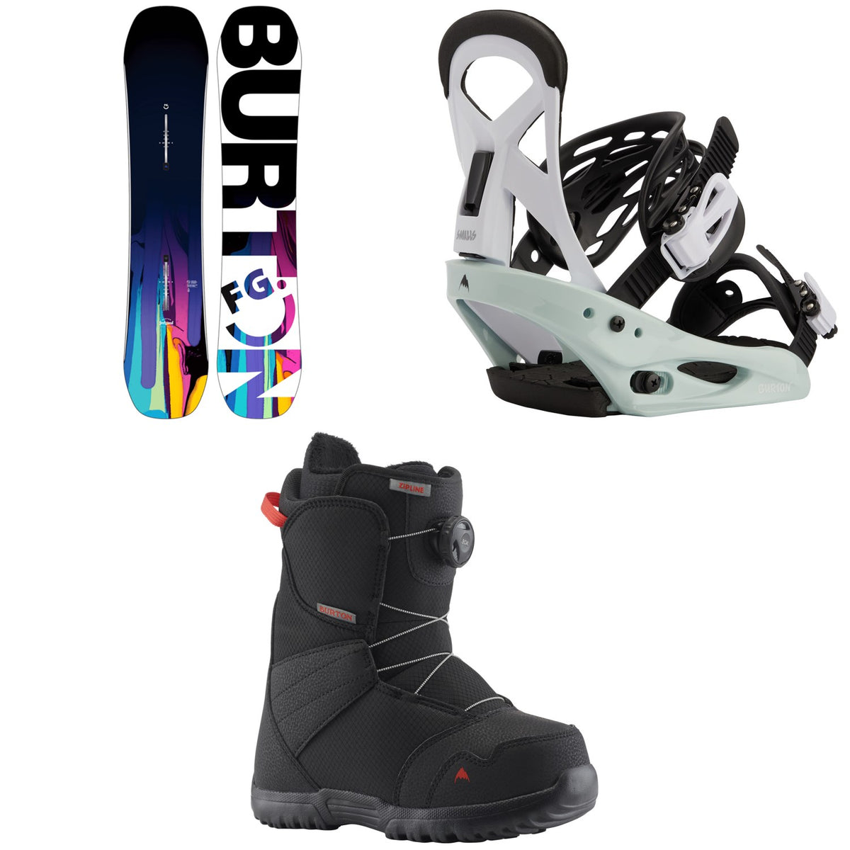 Burton Feelgood Smalls Snowboard + Mission Smalls Snowboard Bindings + Zipline Boa Snowboard Boots - Kids'