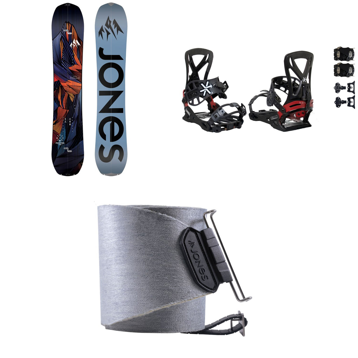 Jones Frontier Splitboard + Karakoram PRIME Grizzly + Split Interface Splitboard Bindings + Nomad Quick Tension Tail Clip Splitboard Skins 2024