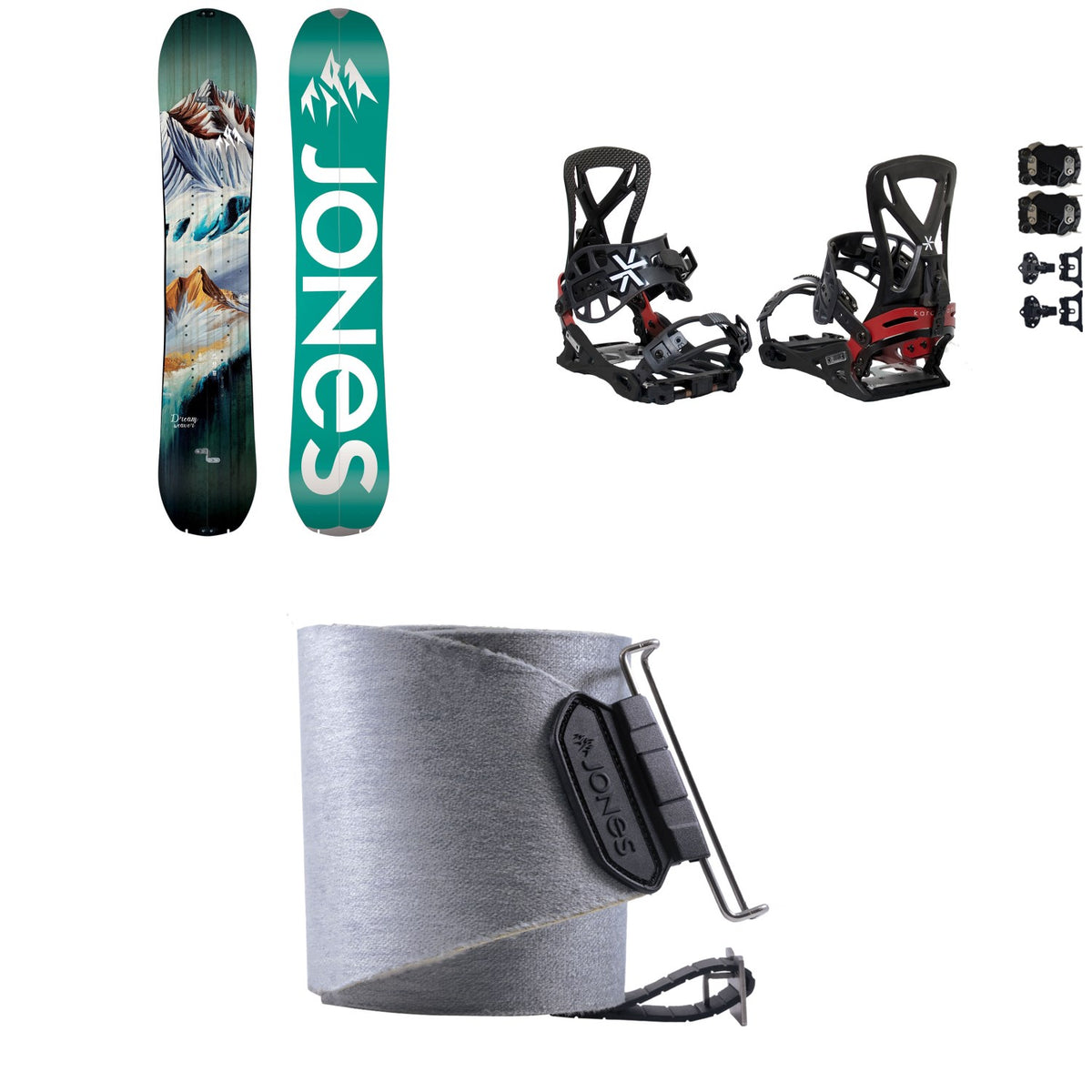 Jones Dream Weaver Splitboard + Karakoram PRIME Grizzly + Split Interface Splitboard Bindings + Nomad Quick Tension Tail Clip Splitboard Skins - Women's 2024