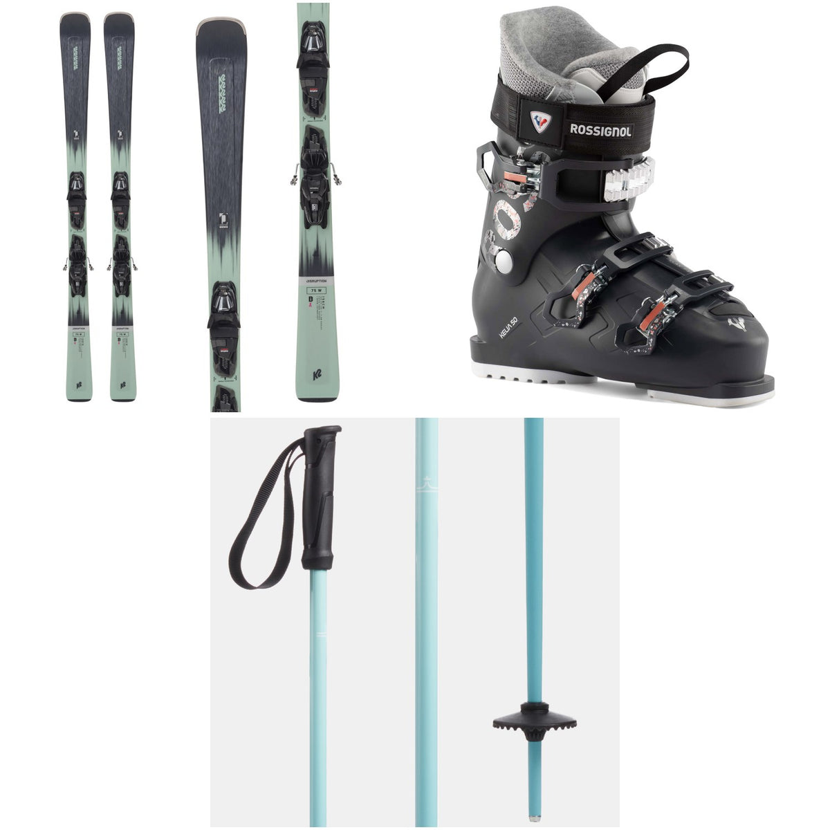 K2 Disruption 75 Skis + M2 10 Quikclik Bindings + Rossignol Kelia 50 Ski Boots - Women's + evo Merge Ski Poles 2024