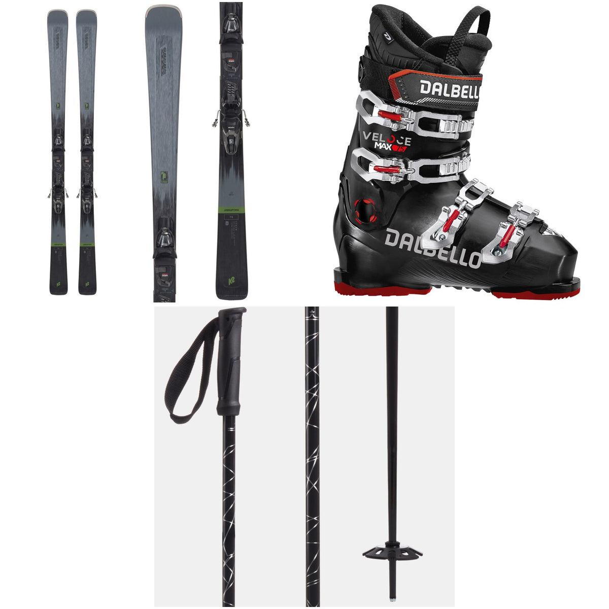 K2 Disruption 76 Skis + M2 10 Quikclik Bindings + Dalbello Veloce Max 75 Ski Boots + evo Refract Ski Poles 2024