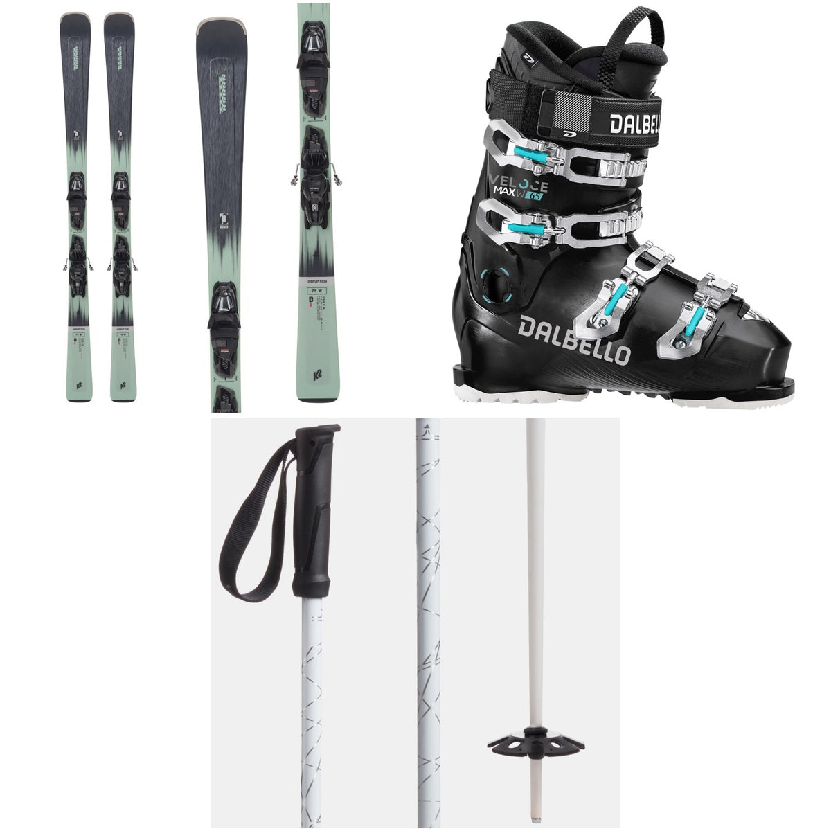 K2 Disruption 75 Skis + M2 10 Quikclik Bindings + Dalbello Veloce Max 65 W Ski Boots - Women's + evo Refract Ski Poles 2024