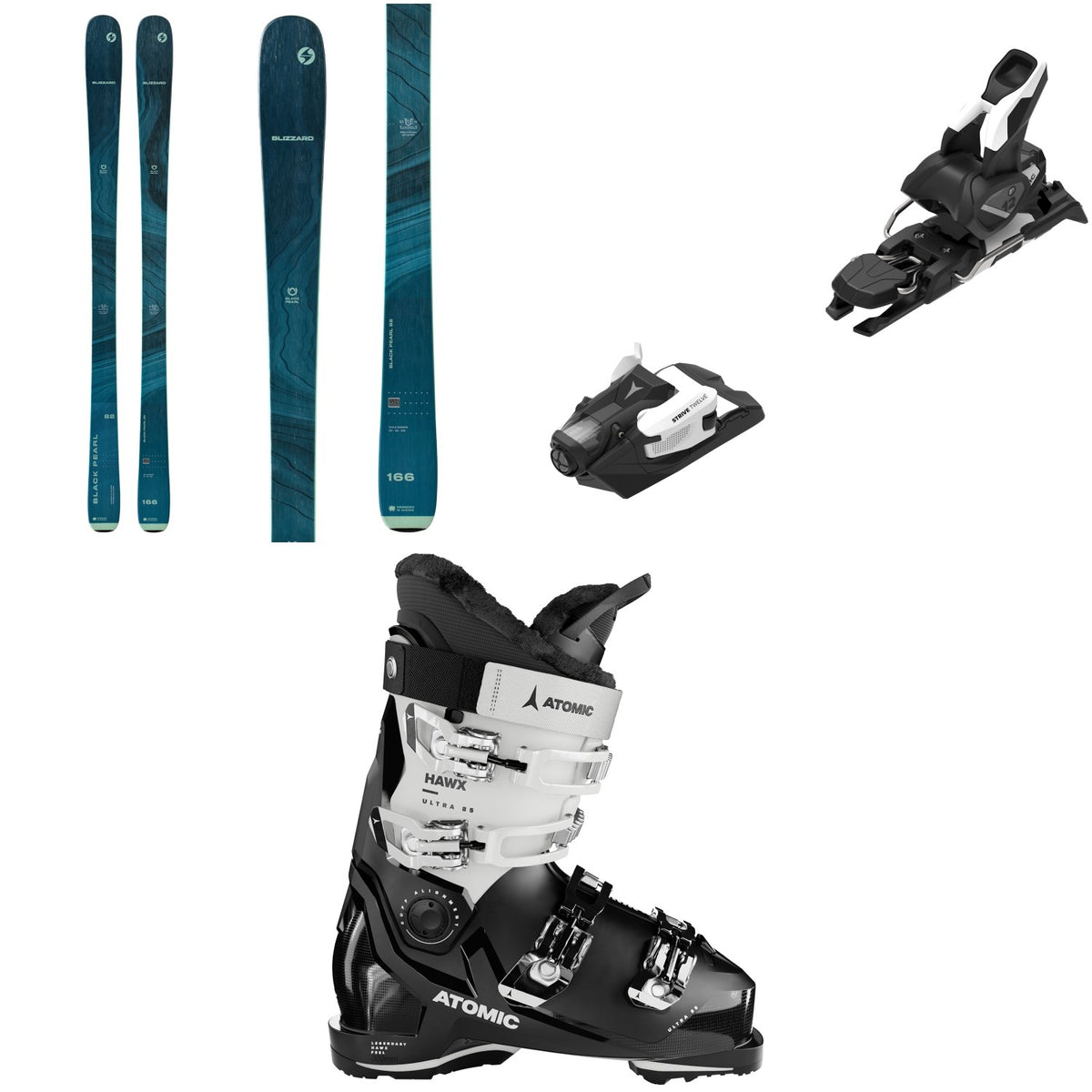 Blizzard Black Pearl 82 Skis - Women's + Atomic Strive 12 GW Ski Bindings + Atomic Hawx Ultra 85 GW Ski Boots - Women's