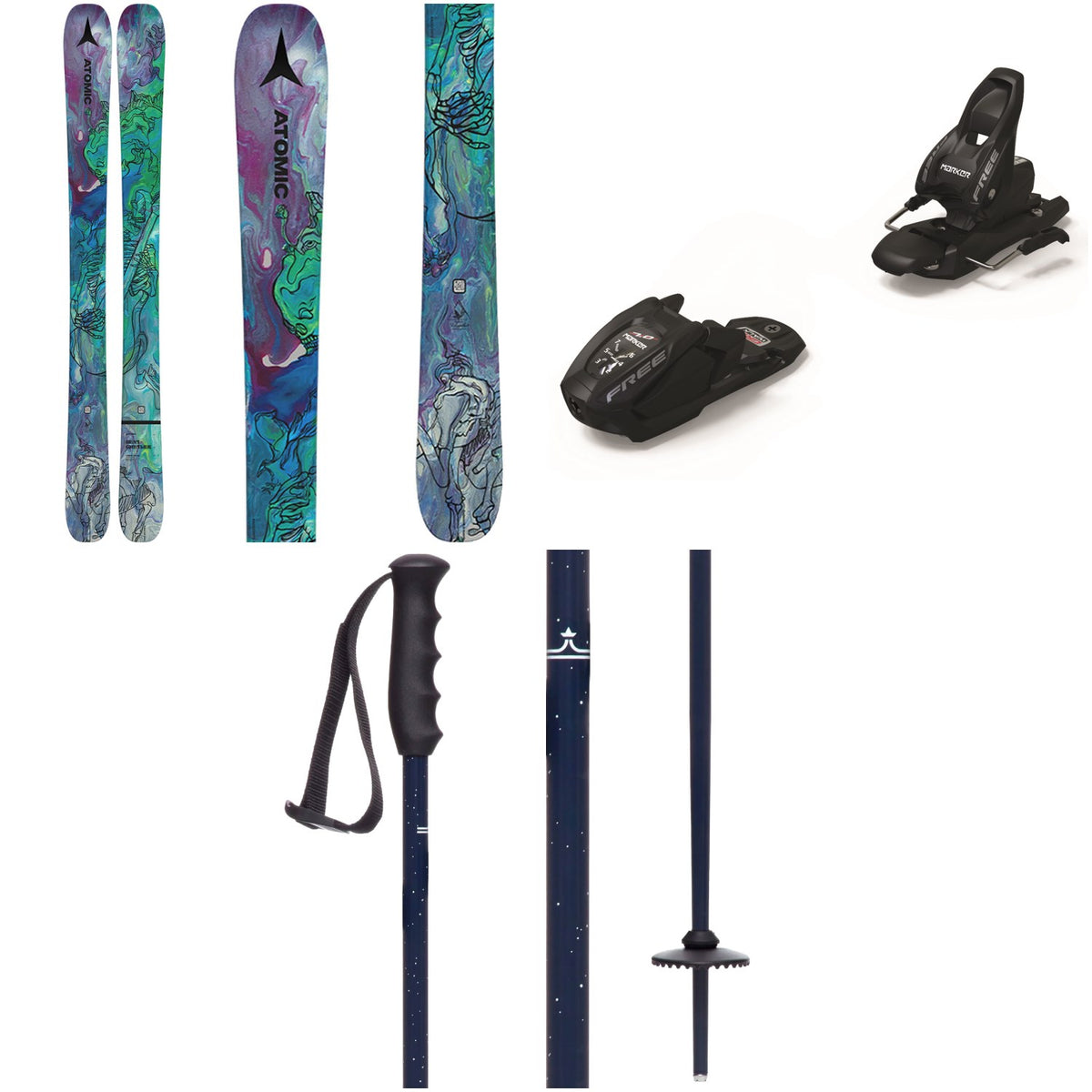 Atomic Bent Chetler Mini Skis + Marker Free 7 Ski Bindings + evo Lil Send'r Adjustable Ski Poles - Kids'