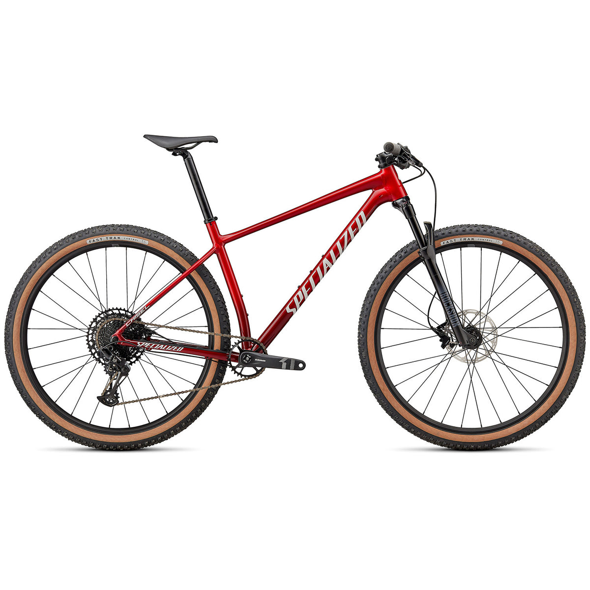 Specialized Chisel Comp Complete Mountain Bike 2024 Gloss Red Tint Fade Over Brushed Silver/Tarmac Black/White w/Gold Pearl