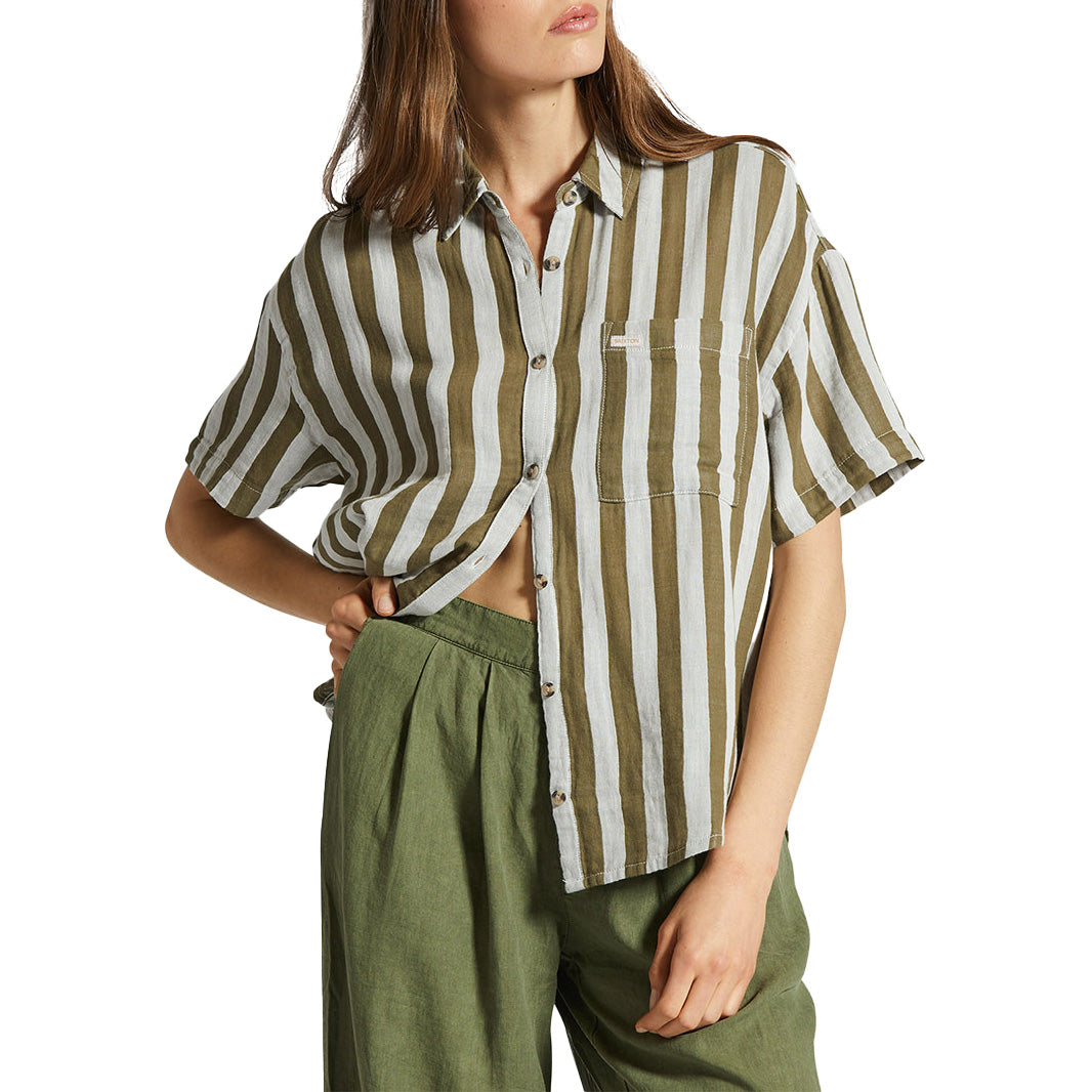 Brixton Mykonos Stripe Boyfriend Short-Sleeve Shirt - Women's Military Olive