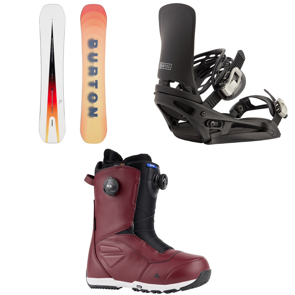 Burton Custom Flying V Snowboard + Cartel EST Snowboard Bindings + Ruler Boa Snowboard Boots