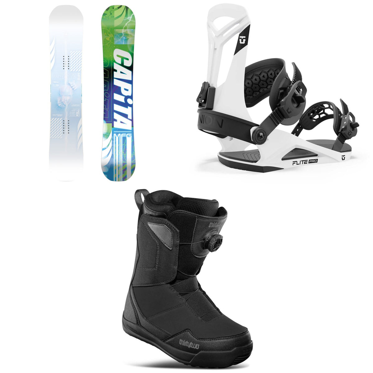 CAPiTA Pathfinder Reverse Camber Snowboard + Union Flite Pro Snowboard Bindings + thirtytwo Shifty Boa Snowboard Boots 2025