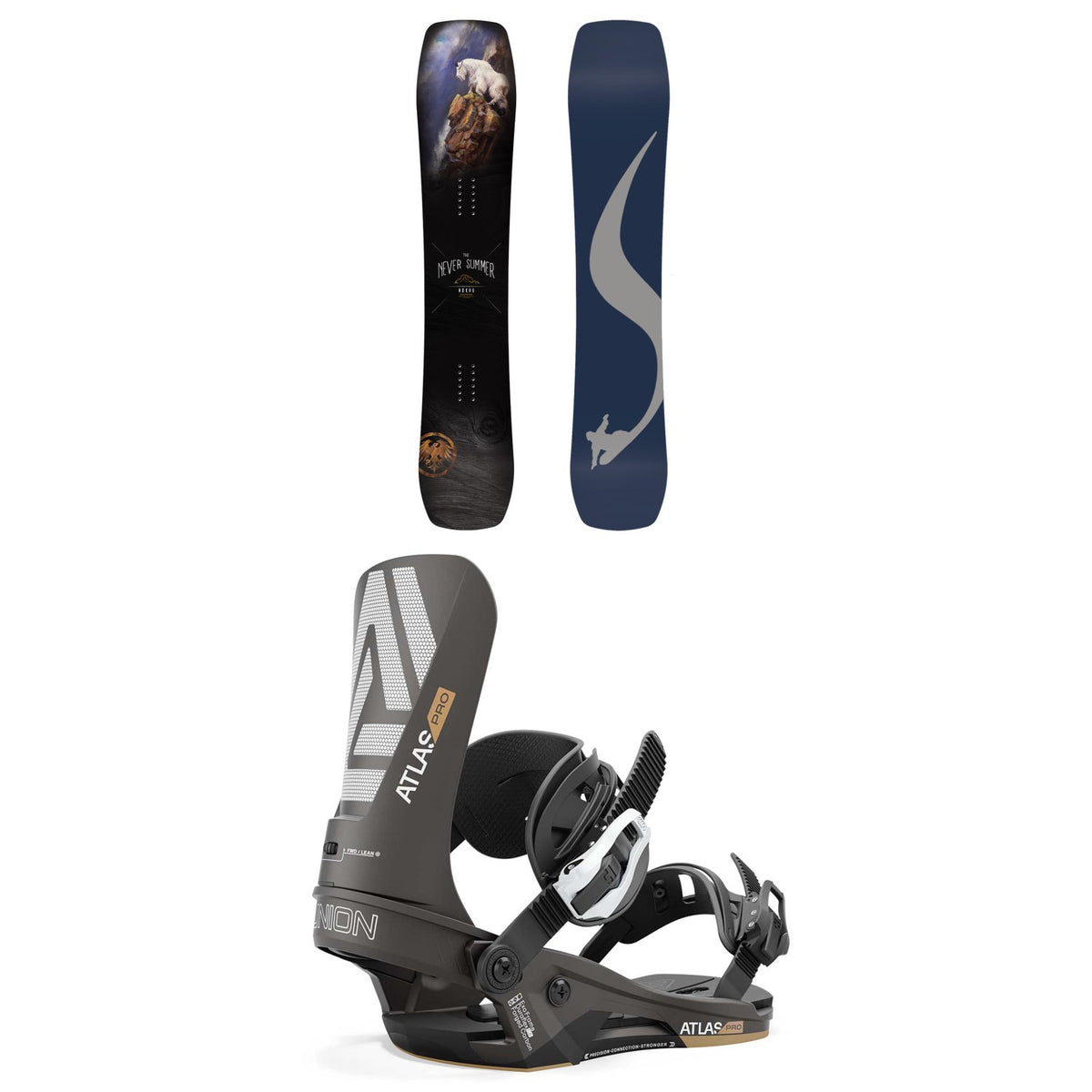Never Summer Nokhu Snowboard + Union Atlas Pro Snowboard Bindings 2025