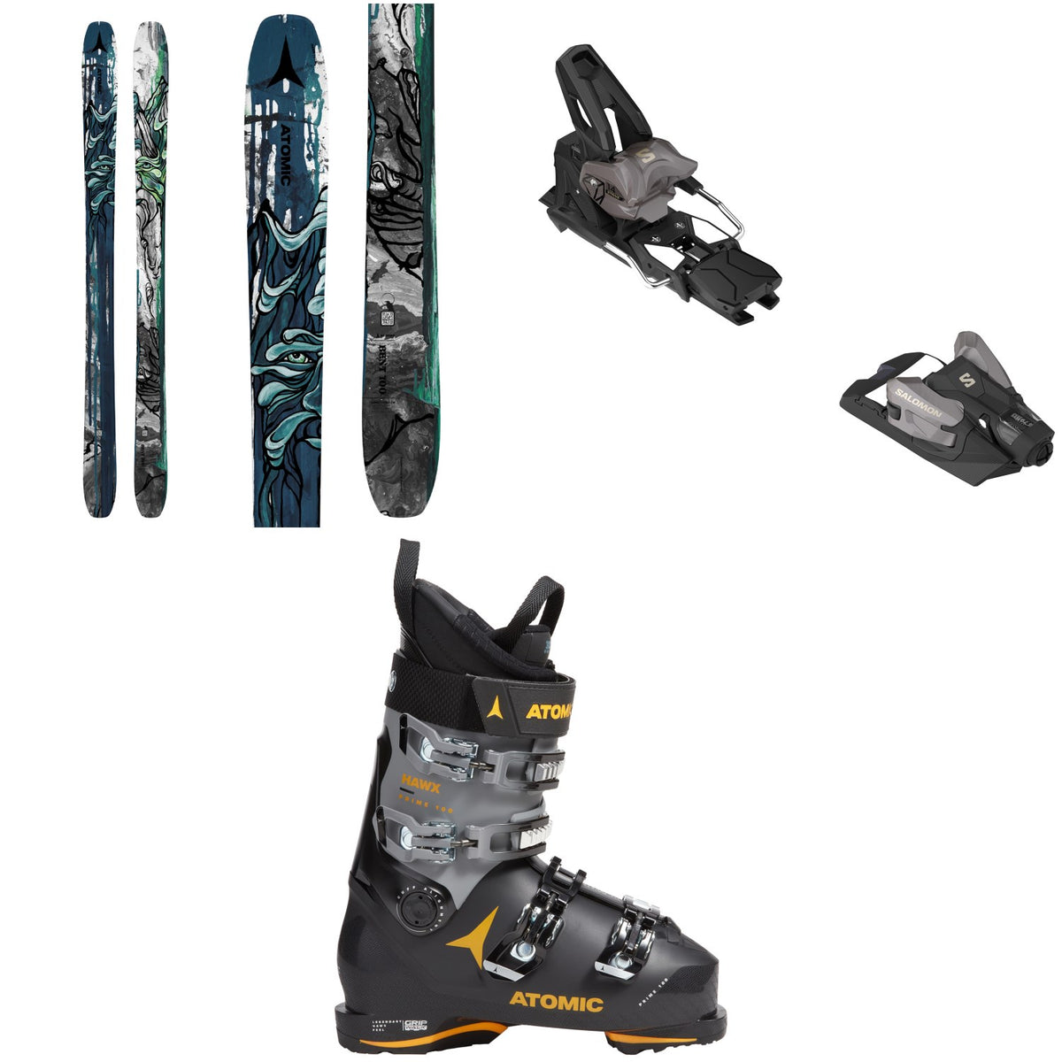 Atomic Bent 100 Skis + Salomon Strive 14 GW Ski Bindings + Atomic Hawx Prime 100 GW Ski Boots