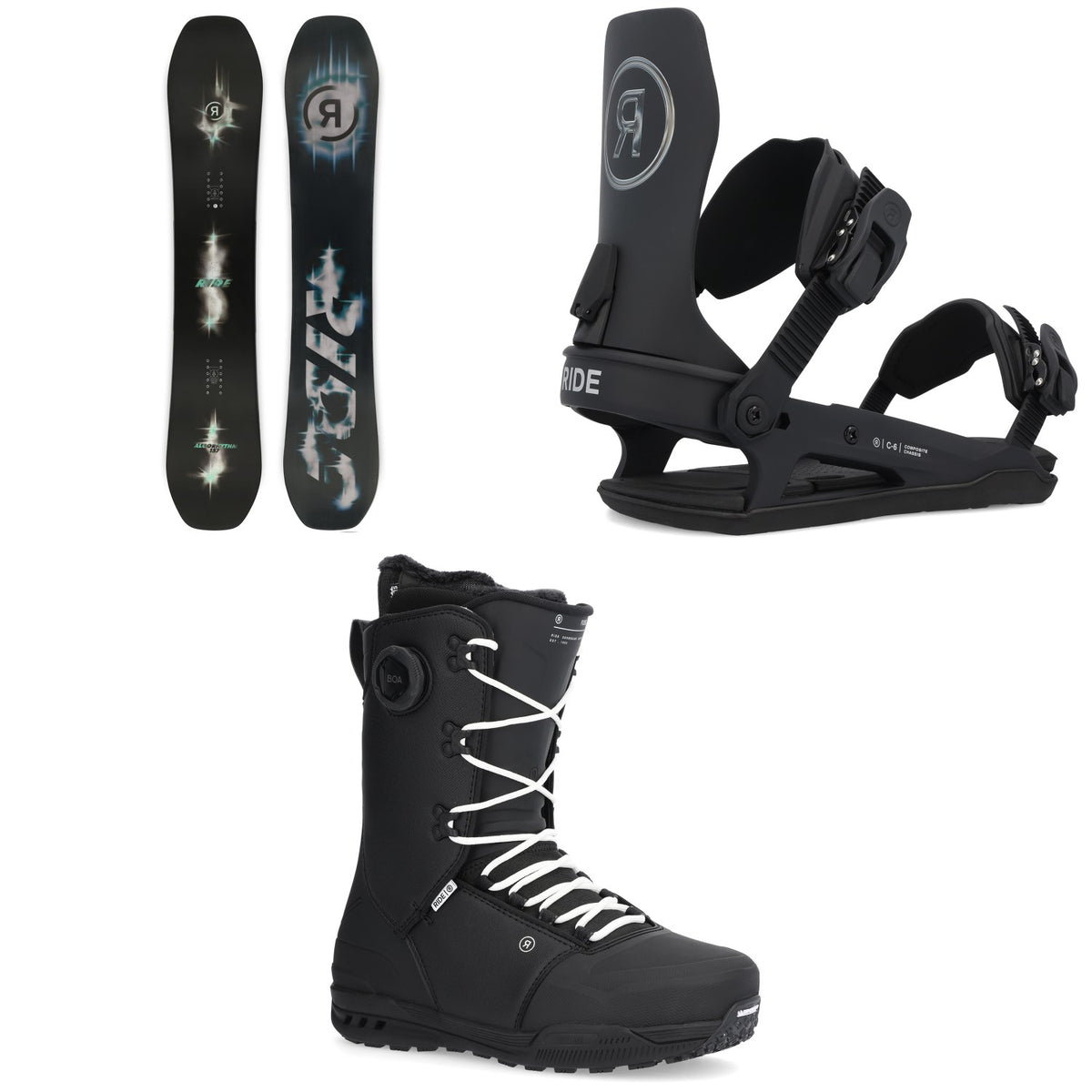 Ride Algorythm Snowboard + C-6 Snowboard Bindings + Fuse Snowboard Boots 2025