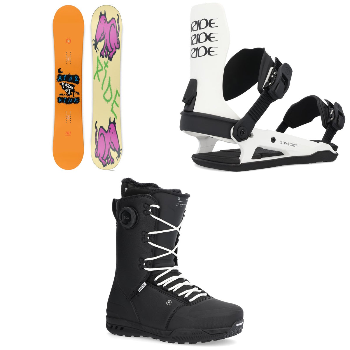 Ride Kink Snowboard + C-6 Snowboard Bindings + Fuse Snowboard Boots 2025