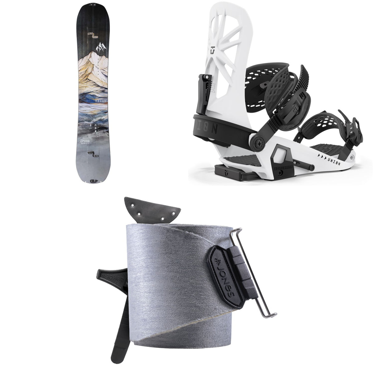 Jones Dream Weaver Splitboard + Union Explorer Splitboard Bindings  + Nomad Universal Tail Clip Splitboard Skins - Women's 2025