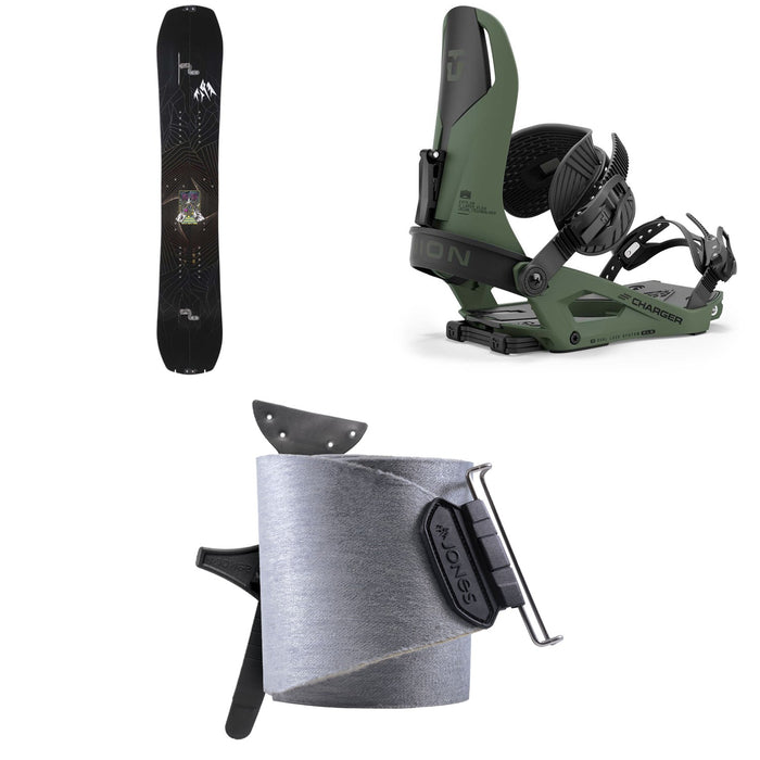 Jones Mountain Twin Splitboard + Union Charger Splitboard Bindings + Nomad Universal Tail Clip Splitboard Skins 2025