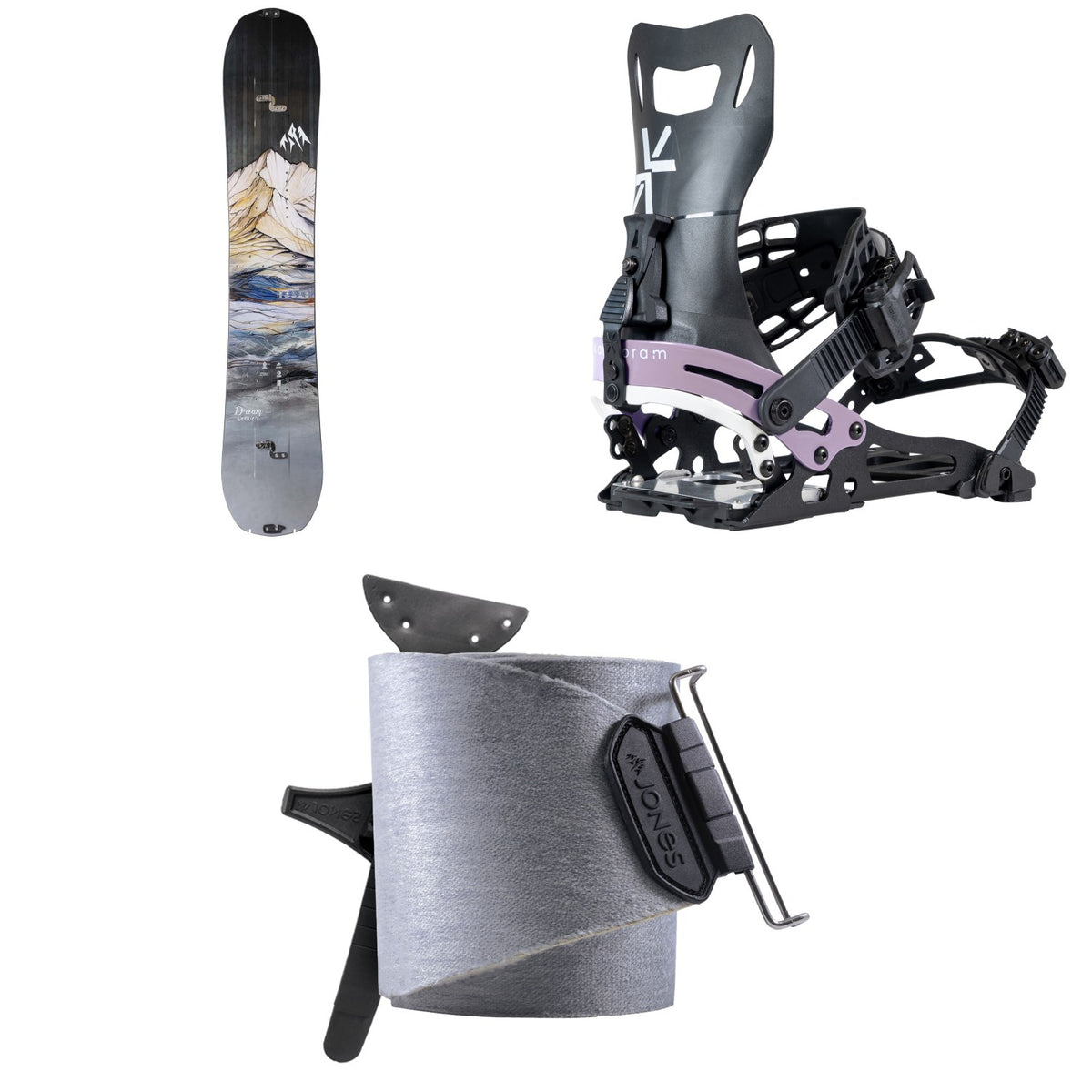 Jones Dream Weaver Splitboard + Karakoram Nomad-W + Split Interface Splitboard Bindings + Nomad Universal Tail Clip Splitboard Skins - Women's 2025