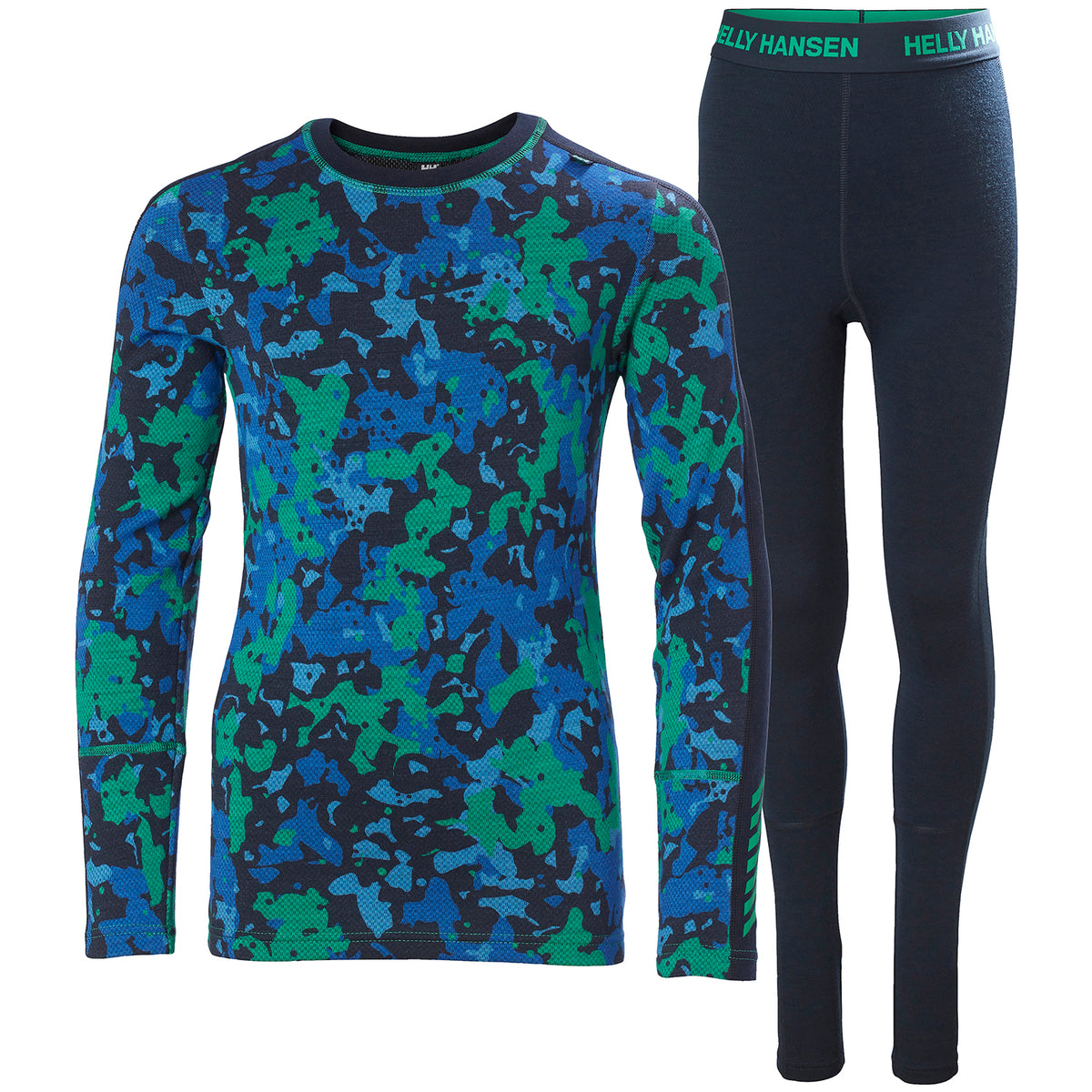 Helly Hansen Graphic Lifa Merino Midweight Baselayer Set - Kids' Bright Green Splash Camo AOP