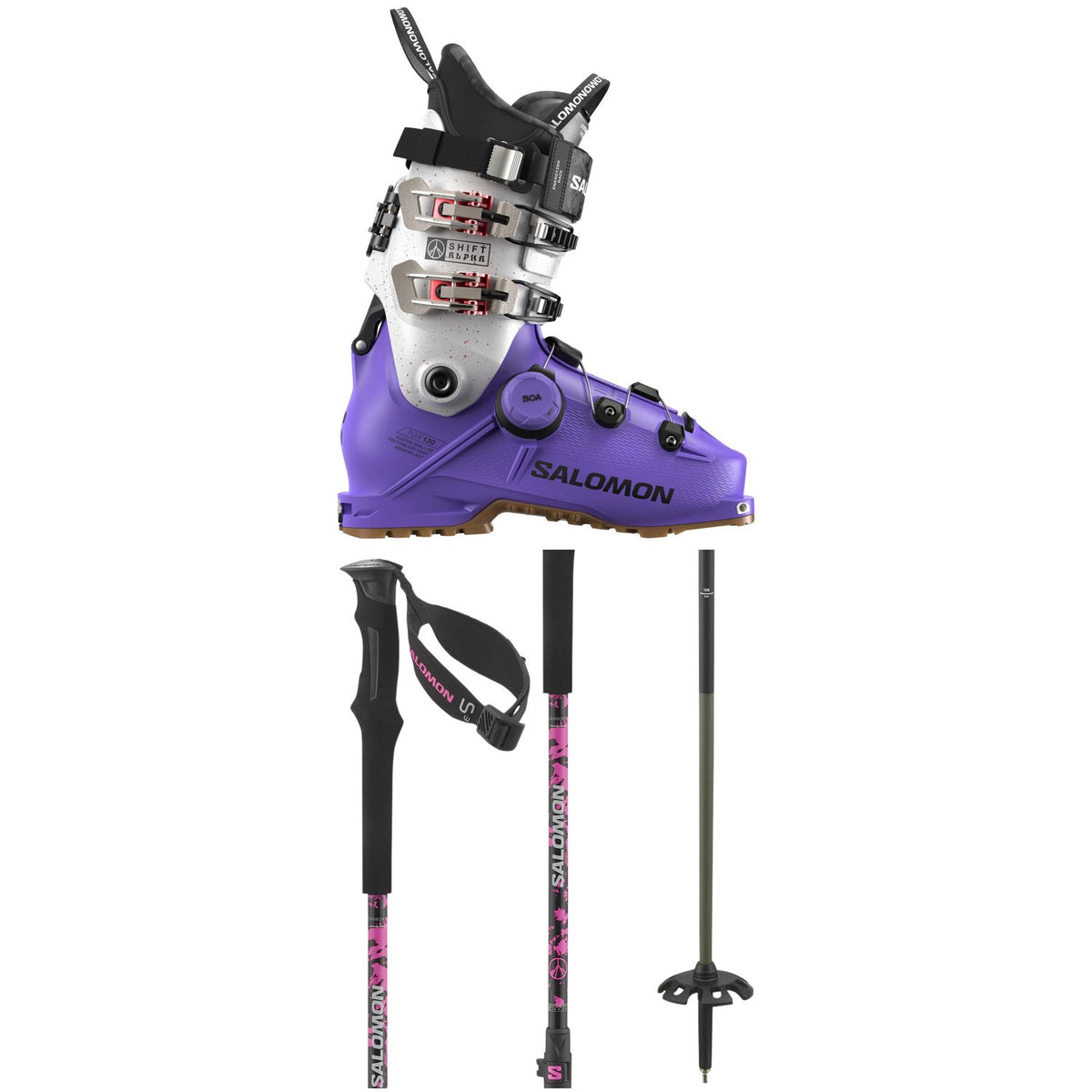 Salomon Shift Alpha BOA 130 Alpine Touring Ski Boots + Salomon QST Carbon S3 Ski Poles 2025