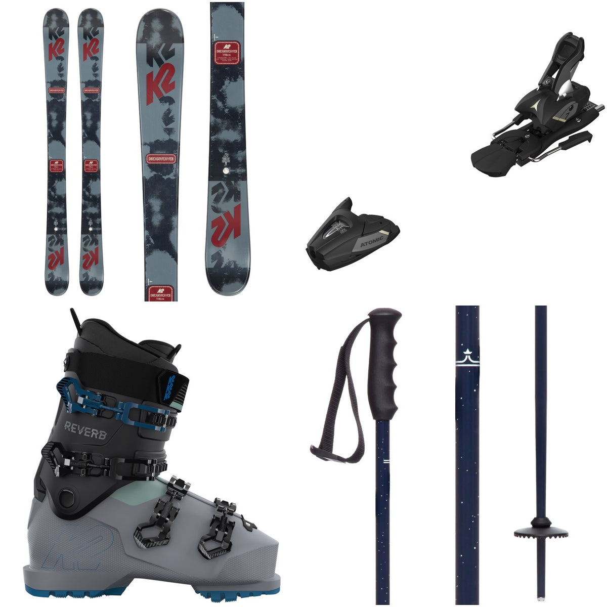 K2 Dreamweaver Skis + Atomic Colt 7 GW Ski Bindings + K2 Reverb Ski Boots + evo Lil Send'r Adjustable Ski Poles + evo Sessel Helmet + Goggle Combo - Kids'