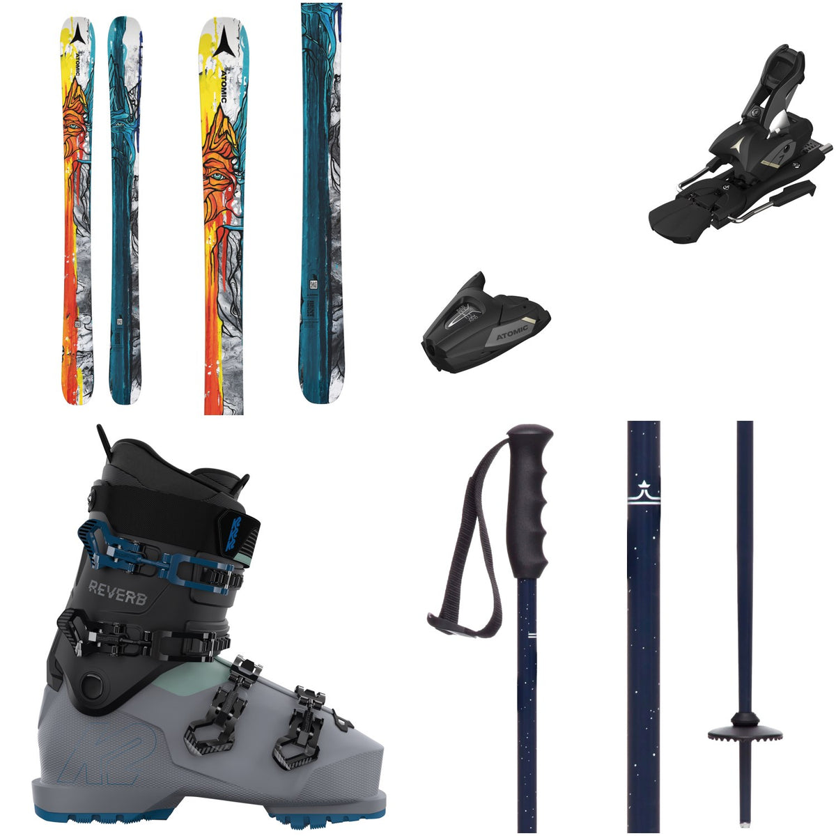 Atomic Bent Chetler Mini Skis + Atomic Colt 7 GW Ski Bindings + K2 Reverb Ski Boots + evo Lil Send'r Adjustable Ski Poles + evo Sessel Helmet + Goggle Combo - Kids'